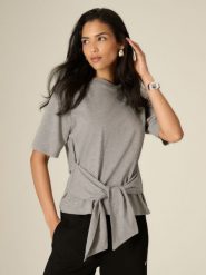 4F T-shirt regular z wiązaniem damski - szary L. Szare t-shirty 4f, l, bez wzorów, z bawełny, bez kołnierzyka, bez ramiączek. Za 79.99 zł.