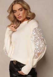 Jasnobeżowy Dzianinowy Sweter z Ozdobną Wstawką z Siateczki i Koralikami Isadorra. Brązowe swetry Renee, bez wzorów, z dzianiny, bez ramiączek. Za 169.99 zł.