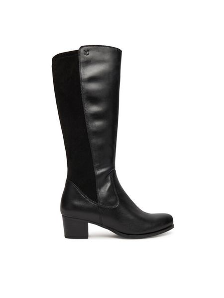 Caprice Kozaki 9-25500-45 Czarny. Czarne kozaki Caprice, ze skóry, bez obcasa, na słupku, bez zapięcia. Za 279.99 zł.