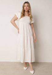 Jasnobeżowa Wiskozowa Sukienka z Bufiastymi Rękawami i Marszczoną Górą Liones. Brązowe sukienki Born2be, na co dzień, na lato, uniwersalny, bez wzorów, z jeansu, wakacyjne, bez kołnierzyka, bez ramiączek, maxi, proste. Za 89.99 zł.