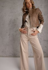 Beżowe Jeansy High Waist Wide Leg z Bawełny z Naszytymi Kieszonkami Yrelelin. Brązowe jeansy Renee, l, bez wzorów, z podwyższonym stanem. Za 129.99 zł.