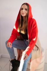 Sweter Kardigan z kapturem w pasy czerwony+camelowy+pudrowy róż. Czerwone kardigany KESI, l, bez wzorów, z jeansu. Za 209.08 zł.