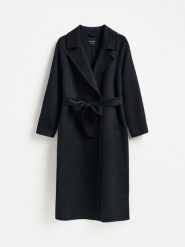 Długi płaszcz z wełną - czarny. Czarne płaszcze Reserved, l, bez wzorów, z tkaniny, bez kaptura. Za 399.99 zł.