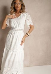 Biała Rozkloszowana Sukienka z Bawełny z Haftowanymi Zdobieniami w Stylu Boho Efrivina. Białe sukienki Renee, na spotkanie biznesowe, m, z aplikacjami, z bawełny, boho, bez kołnierzyka, bez ramiączek, maxi, kopertowe. Za 109.99 zł.