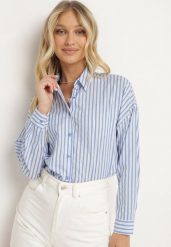 Jasnoniebieska Bawełniana Koszula z Długim Rękawem w Pionowe Paski Vikleia. Niebieskie koszule Born2be, l, bez wzorów, z bawełny, eleganckie, bez kołnierzyka, bez ramiączek. Za 79.99 zł.