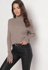 Ciemnobeżowy Prążkowany Golf o Dopasowanym Kroju Ahezza. Brązowe golfy Born2be, m, bez wzorów, prążkowane, bez ramiączek. Za 74.99 zł.