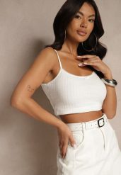 Biały Top na Ramiączkach z Prążkowanej Tkaniny z Wiskozą Zdobiony Kokardką Iffenia. Białe topy Renee, z aplikacjami, prążkowane, bez kołnierzyka, bez ramiączek. W wyprzedaży za 51.99 zł.
