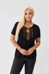 Wiskozowa czarna bluzka z haftem przy dekolcie OVERSIZE PLUS SIZE WIOSNA LATO. Czarne bluzki Moda Size Plus Iwanek, l, bez wzorów, z elastanu, biznesowe, bez kołnierzyka, plus size, bez ramiączek. Za 129.90 zł.