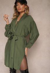Zielona Sukienka Kimono z Wiskozy z Kieszeniami Zdobiona Ażurowymi Wstawkami Salithia. Zielone sukienki Renee, l, z aplikacjami, z wiskozy, eleganckie, bez kołnierzyka, bez ramiączek, mini. Za 99.99 zł.