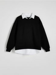 Bluza z koszulowymi elemantami - czarny. Czarne bluzy Reserved, l, bez wzorów, z bawełny, bez kaptura. W wyprzedaży za 99.99 zł.
