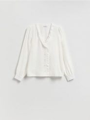 Koszula z ozdobną falbanką - biały. Białe koszule Reserved, l, bez wzorów, z tkaniny, bez kołnierzyka, bez ramiączek. Za 89.99 zł.