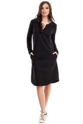 Sukienka Trapezowa z Długim Rękawem Czarna. Czarne sukienki MOE, l, bez wzorów, z bawełny, bez kołnierzyka, bez ramiączek, trapezowe. Za 239.90 zł.