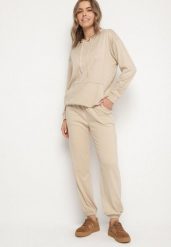Beżowy Komplet Dresowy Bluza z Kapturem i Kangurową Kieszenią i Spodnie Liriela. Brązowe bluzy Born2be, l, bez wzorów, z dresówki, z kapturem. Za 79.99 zł.