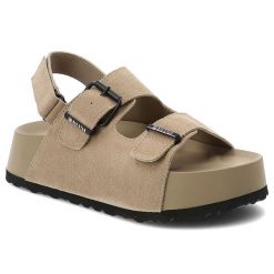 Sandały damskie Big Star, cholewka ze skóry naturalnej zamszowej z regulowanymi paskami na grubej platformie, beżowe, TT274235. Brązowe sandały Big Star, bez wzorów, ze skóry, eleganckie, bez obcasa, na platformie, bez zapięcia. Za 215.90 zł.