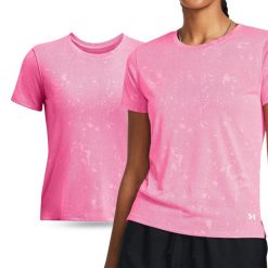 Koszulka fitness damska UNDER ARMOUR 1382435 z krótkim rękawem. Czerwone koszulki sportowe Under Armour, bez wzorów, bez ramiączek, na fitness i siłownię. W wyprzedaży za 160.00 zł.
