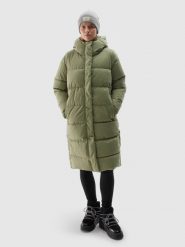 4F Długi płaszcz puchowy z syntetycznym wypełnieniem damski - khaki M. Brązowe płaszcze 4f, na zimę, m, bez wzorów, z dzianiny, bez kaptura. W wyprzedaży za 299.99 zł.