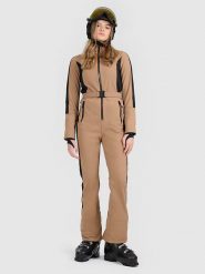 4F Kombinezon narciarski w kolorze beżowym rozmiar: L. Brązowe spodnie sportowe 4f, l, bez wzorów, z tkaniny, narciarskie. Za 387.44 zł.