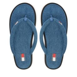 Japonki Tommy Jeans. Niebieskie klapki Tommy Jeans, bez wzorów, z denimu, bez obcasa. Za 289.99 zł.