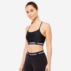 Stanik sportowy Decathlon. Czarne bielizna sportowa DOMYOS, xs, bez wzorów, z elastanu. Za 49.99 zł.