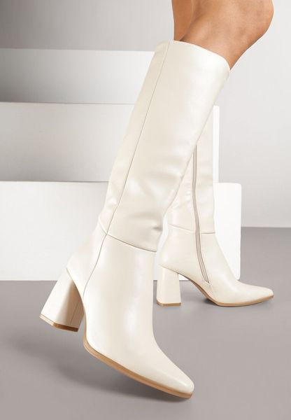 Beżowe Kozaki na Obcasie Typu Stożek w Klasycznym Stylu Lanile. Brązowe kozaki Renee, bez obcasa, na obcasie, bez zapięcia. Za 169.99 zł.