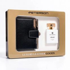 Zestaw prezentowy: skórzany portfel damski na zatrzask i woda perfumowana Velvet — Peterson. Portfele Peterson, bez wzorów, ze skóry ekologicznej. Za 151.99 zł.