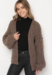 Brązowy Niezapinany Kardigan Oversize z Domieszką Wełny i Wiskozy Tianavia. Brązowe kardigany Born2be, bez wzorów, z jeansu. Za 169.99 zł.