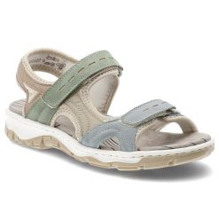 Sandały damskie Rieker, cholewka ze skóry ekologicznej z kolorowymi wstawkami regulowanymi paskami na rzep odkryty fason, kolorowe, 68866-94. Sandały Rieker, bez wzorów, ze skóry ekologicznej, bez obcasa, bez zapięcia. Za 319.00 zł.