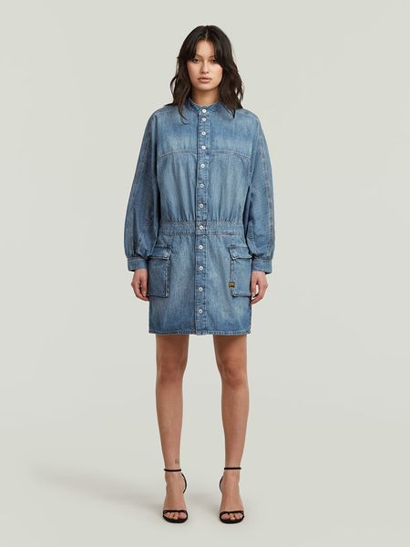 G-Star Sukienka dżinsowa w kolorze niebieskim rozmiar: L. Niebieskie sukienki G-Star, l, bez wzorów, retro, bez kołnierzyka, bez ramiączek, mini, bombki. Za 282.99 zł.