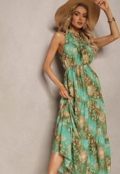 Zielona Sukienka w Stylu Boho z Gumką w Talii i Ozdobnym Wiązaniem Piofara. Zielone sukienki Renee, na lato, m, bez wzorów, z materiału, boho, bez kołnierzyka, bez ramiączek, maxi. Za 74.99 zł.
