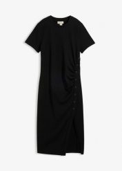 Sukienka koszulowa z teksturowanego materiału. Czarne sukienki bonprix, bez wzorów, bez kołnierzyka, bez ramiączek, koszulowe. Za 124.99 zł.