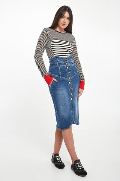 Spódnica jeansowa midi ELISABETTA FRANCHI. Spódnice Elisabetta Franchi, bez wzorów, z jeansu, midi. Za 2,639.00 zł.