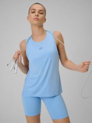 4F Top treningowy loose szybkoschnący damski - niebieski S. Niebieskie topy 4f, s, bez wzorów, ze skóry, bez kołnierzyka, bez ramiączek. Za 79.99 zł.