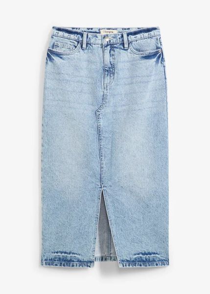 Spódnica dżinsowa midi. Niebieskie spódnice bonprix, na co dzień, bez wzorów, z denimu, midi. Za 127.99 zł.