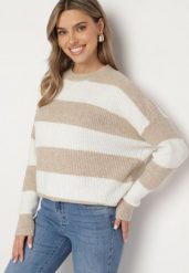 Beżowy Sweter w Pasy z Wełną Zakończony Ściągaczem Tiaelle. Brązowe swetry Born2be, bez wzorów, z wełny, bez ramiączek. W wyprzedaży za 103.99 zł.