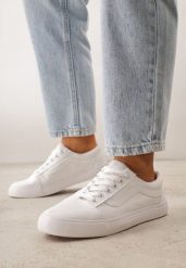 Wiązane Białe Tenisówki Trampki pod Kostkę z Ozdobnym Paskiem Wiolana. Białe trampki Born2be, bez wzorów, z jeansu, bez zapięcia. Za 79.99 zł.