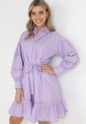 Fioletowa Koszulowa Sukienka z Bufiastym Rękawem i Ażurowymi Wstawkami Staples. Fioletowe sukienki Born2be, l, w ażurowe wzory, vintage, bez kołnierzyka, bez ramiączek, mini, koszulowe. Za 219.99 zł.