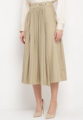 Beżowa Rozkloszowana Spódnica Midi Plisowana z Klamerką Faelannia. Brązowe spódnice Born2be, m, bez wzorów, eleganckie, maxi, rozkloszowane. Za 159.99 zł.