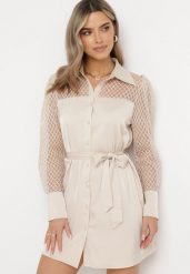 Jasnobeżowa Koszulowa Mini Sukienka z Materiałowym Paskiem i Siateczką w Górnej Części Gudris. Brązowe sukienki Born2be, bez wzorów, z materiału, bez kołnierzyka, bez ramiączek, mini, koszulowe. Za 119.99 zł.