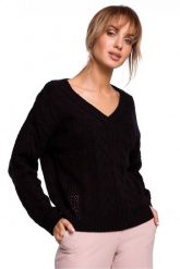 Lekki sweter damski ażurowy z dekoltem V splot w warkocz czarny. Czarne swetry Polskie swetry, l, w ażurowe wzory, z dzianiny, bez ramiączek. Za 245.00 zł.