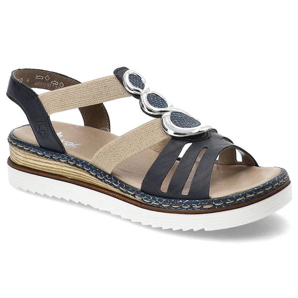 Granatowe Sandały Rieker Wygodne Damskie Obuwie. Niebieskie sandały Rieker, z aplikacjami, eleganckie, bez obcasa, na koturnie, bez zapięcia. Za 229.00 zł.