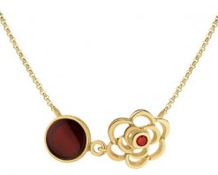 Naszyjnik srebrny z bursztynem i rubinem syntetycznym - kwiat, koło. Szare naszyjniki Apart, z bursztynem, pozłacane. Za 399.00 zł.