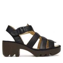 Sandały Fly London. Czarne sandały Fly London, bez wzorów, bez obcasa, na słupku, bez zapięcia. Za 589.99 zł.