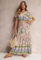 Różowo-Niebieska Sukienka Maxi ze Sznurkiem w Talii i Koronkową Wstawką przy Dekolcie Mererid. Czerwone sukienki Renee, na imprezę, m, bez wzorów, z koronki, bez kołnierzyka, bez ramiączek, maxi, rozkloszowane. Za 109.99 zł.