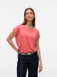 Vero Moda Koszulka w kolorze koralowym rozmiar: XS. Czerwone bluzki Vero Moda, xs, bez wzorów, bez kołnierzyka, bez ramiączek. Za 53.04 zł.