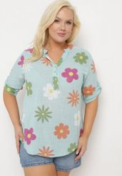 Miętowa Koszula z Lnu i Bawełny w Kwiaty z Krótkim Rękawem Ambubia. Zielone koszule Born2be, plus size, bez wzorów, z bawełny, bez kołnierzyka, plus size, bez ramiączek. Za 79.99 zł.
