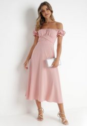 Różowa Sukienka Midi z Dekoltem Carmen i Bufiastymi Rękawkami Amarhis. Czerwone sukienki Born2be, na co dzień, l, bez wzorów, eleganckie, bez kołnierzyka, bez ramiączek, midi, proste. Za 129.99 zł.