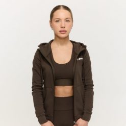 Bluza damska fitness z kapturem i zamkiem espresso Limitless. Brązowe bluzy GYMBEAM, s, bez wzorów, z bawełny, z kapturem. Za 127.90 zł.