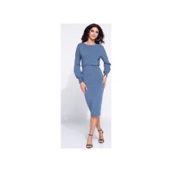 Sukienka dzienna z dopasowanym dołem. Niebieskie sukienki Bien fashion, do pracy, xs, bez wzorów, z materiału, biznesowe, bez kołnierzyka, bez ramiączek, midi, dopasowane. Za 179.00 zł.