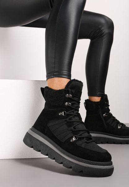 Czarne Futerkowe Traperki na Niskiej Platformie Linivora. Czarne trapery i śniegowce Renee, z jeansu. Za 79.99 zł.