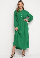 Zielona Rozkloszowana Sukienka Maxi z Plisowanym Dołem i Wiązanym Paskiem Nollira. Zielone sukienki Born2be, bez wzorów, eleganckie, bez kołnierzyka, bez ramiączek, maxi, plisowane. Za 119.99 zł.